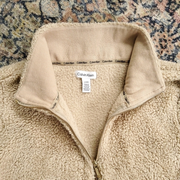 Calvin Klein Cozy Tan Teddy Quarter Zip Jacket - Picture 3 of 9